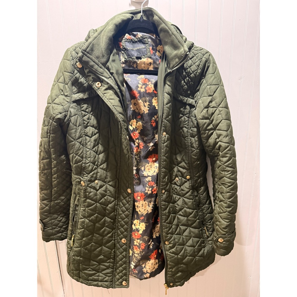 Weatherproof Olive Green Quilted Hooded Barn Jacket Floral Lining Womens Small